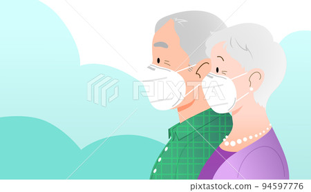 Couple of old man and woman profile close-up wearing ffp2 kn95 masks 94597776