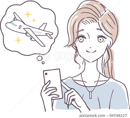 在智能手機上預訂機票的女人在智能手機上研究旅行的人的插圖素材 94598227