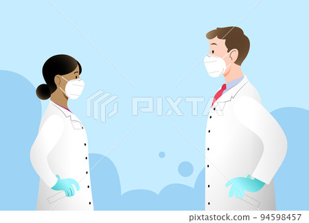 Young man and woman doctors profile portrait wearing protective white ffp2 or kn95 masks 94598457