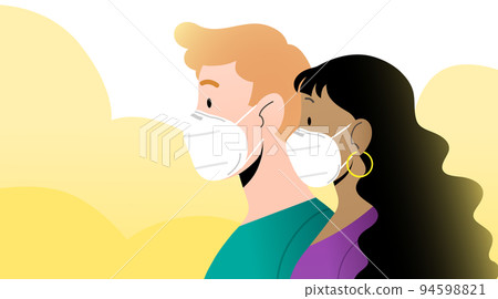 Young man and woman profile close-up wearing protective white FFP2 KN95 masks Young man and woman profile close-up wearing protective white FFP2 KN95 masks 94598821