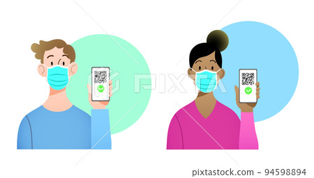 Young man and woman with surgical masks holding smartphone with QR code on screen- digital sanitary pass 94598894