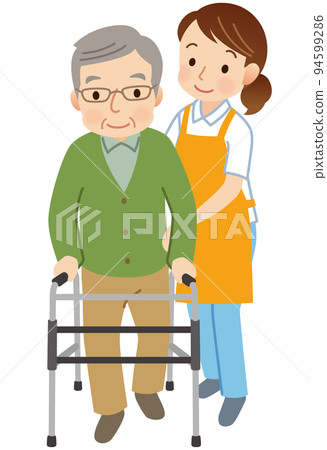 做步行訓練護理工作者幫手的老人 做步行訓練護理工作者幫手的老人 94599286