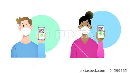 Young man and woman with ffp2 kn95 masks holding smartphone with QR code on screen- digital sanitary pass Young man and woman with ffp2 kn95 masks holding smartphone with QR code on screen- digital sanitary pass 94599865