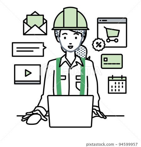 建築工地的一位女士坐在辦公桌前，在 PC 上做網上商店或營銷工作 94599957