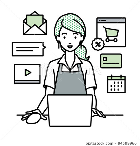 A female cafe clerk sitting at a desk and doing an online shop or marketing job on a PC 94599966