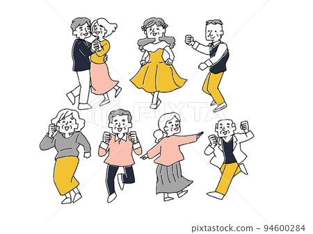 Elderly men and women dancing energetically (single item) Comical handwritten characters Elderly men and women dancing energetically (single item) Comical handwritten characters 94600284