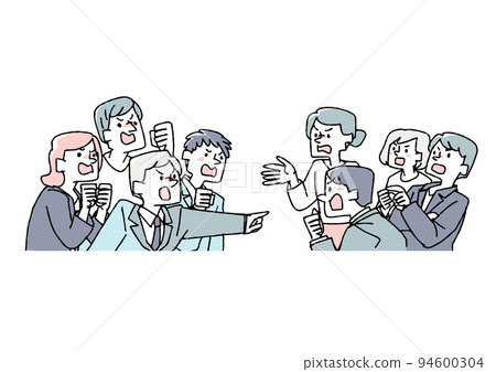 Two groups with conflicting opinions Comical handwritten characters Two groups with conflicting opinions Comical handwritten characters 94600304