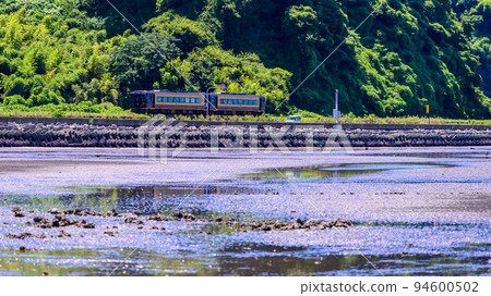 Trains and the beautiful summer scenery of Sumiyoshi Coast and Nagabeta Kaishiro (Tourist attraction) 94600502