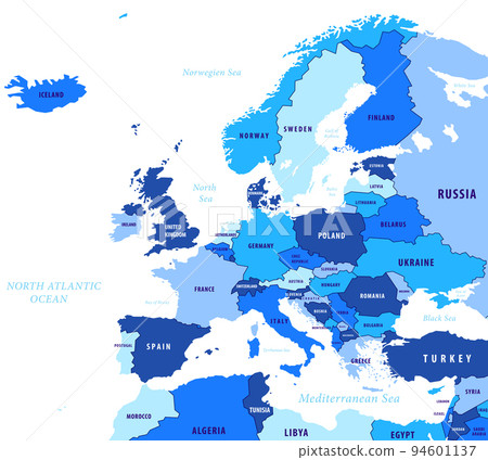 歐洲地圖國家顏色編碼藍色色調 94601137