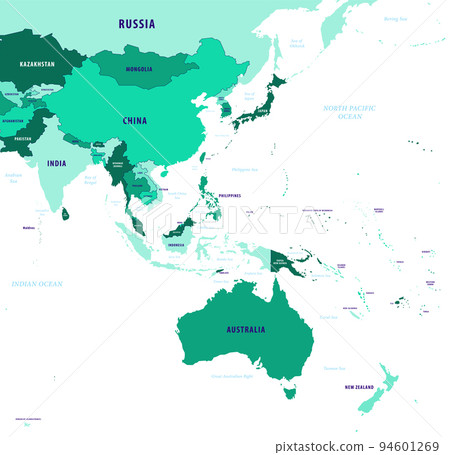 Asia-Pacific map color-coded country name sea... - Stock Illustration ...