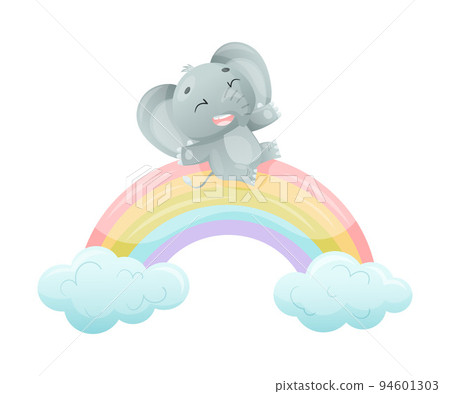 Funny Grey Elephant with Large Ear Flaps and Trunk Sliding Rainbow Vector Illustration Funny Grey Elephant with Large Ear Flaps and Trunk Sliding Rainbow Vector Illustration 94601303