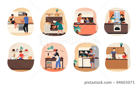 Family cook at kitchen. Grandmother bakes cake. Woman with children prepare salad. Girl making lunch. Dinner on table. Grandchildren at home. Meal preparation. Vector illustration set 94603071