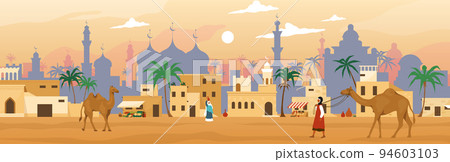 Arab desert. Saudi market. Ancient landscape. Outdoor kiosk and camels in town square. Morocco buildings. Arabian architecture. Mosque towers. Marketplace scenery. Vector illustration Arab desert. Saudi market. Ancient landscape. Outdoor kiosk and camels in town square. Morocco buildings. Arabian architecture. Mosque towers. Marketplace scenery. Vector illustration 94603103