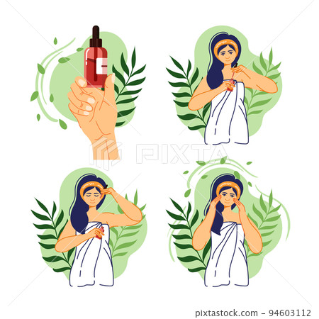 Face skin serum. Oil care. Woman essential skincare. Beauty procedure. Girls makeup or facial massage. Moisturizer cosmetic bottle dropper. Plant leaves. Vector infographic illustration 94603112