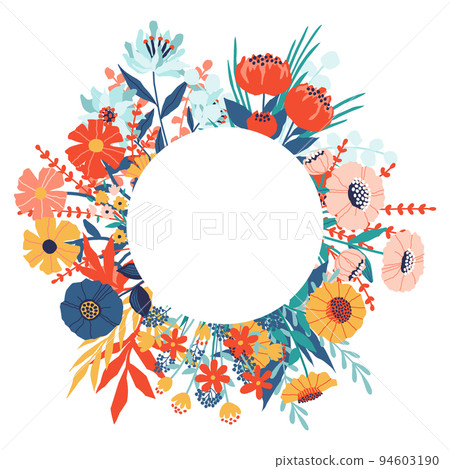 Flower frame. Circle bouquet, greeting cards and invitation decor, wedding spring summer collection, garden decor with bright botanical elements. Beautiful border isolated vector illustration 94603190