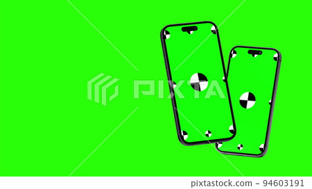 3D render of two smartphone with a green background. Rotating in screen. With a green screen for easy keying. Computer generated image. Easy customizable. 94603191