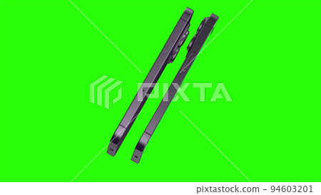 3D render of two smartphone with a green background. Rotating in screen. With a green screen for easy keying. Computer generated image. Easy customizable. 94603201