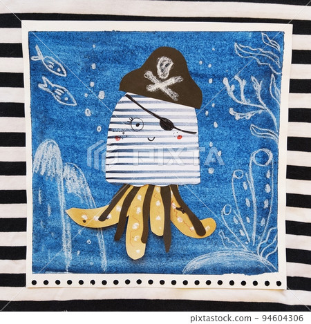 Art craft for kids, how to make cute sea jellyfish from paper, paper collage workshop, paper cut diy project. Flat lay top view. Kids picture, art hobby. Painting with pencil. Artists workshop. Art craft for kids, how to make cute sea jellyfish from paper, paper collage workshop, paper cut diy project. Flat lay top view. Kids picture, art hobby. Painting with pencil. Artists workshop. 94604306