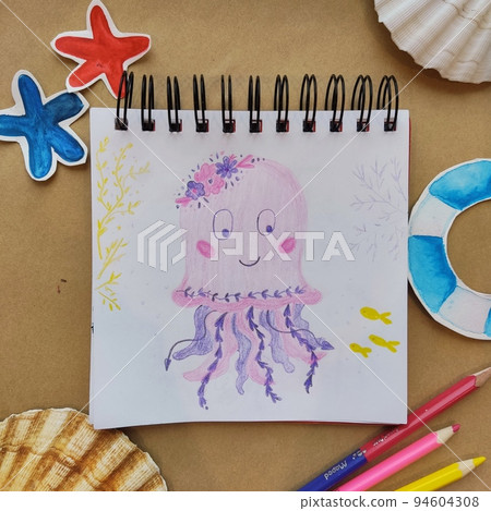 Art craft, how to draw sea jellyfish, sketch workshop, how to drawing by hand. Flat lay top view. Kids picture, art hobby. Painting with pencil. Artists workshop. Art craft, how to draw sea jellyfish, sketch workshop, how to drawing by hand. Flat lay top view. Kids picture, art hobby. Painting with pencil. Artists workshop. 94604308