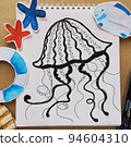 Kids art craft, how to paint sea jellyfish, sketch workshop, how to drawing by hand. Flat lay top view. Paint picture, art hobby. Painting with pencil. Artists workshop. 94604310
