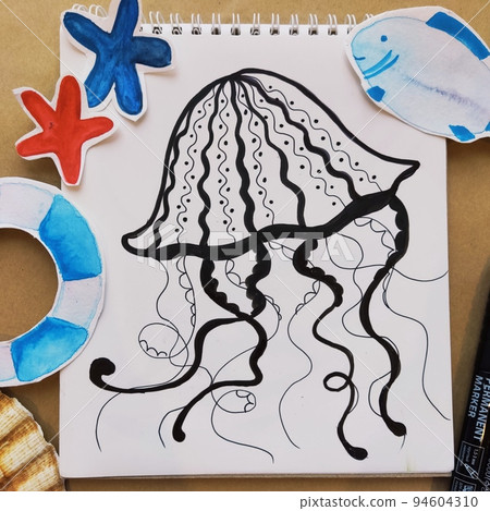 Kids art craft, how to paint sea jellyfish, sketch workshop, how to drawing by hand. Flat lay top view. Paint picture, art hobby. Painting with pencil. Artists workshop. 94604310
