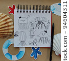 Art craft, how to paint sea jellyfish, sketch workshop, how to drawing by hand. Flat lay top view. Paint picture, art hobby. Painting with pencil. Artists workshop. 94604311