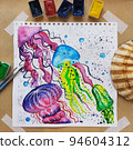 Art craft, how to paint sea jellyfish, watercolor workshop, how to drawing by hand. Flat lay top view. Paint picture, art hobby. Painting with watercolor. Artists workshop. 94604312