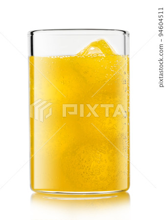 Orange soda drink with ice cubes and bubbles on white. Orange soda drink with ice cubes and bubbles on white. 94604511