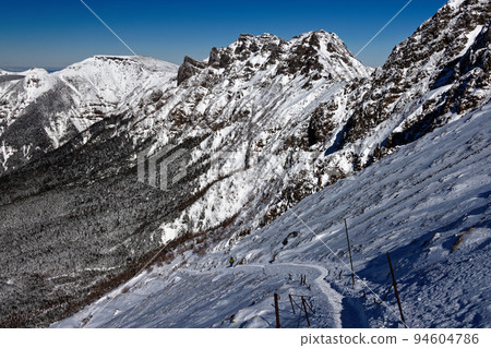 Yatsugatake mountain range, Mt. Yokodake and Mt. Iodake seen from Bunzaburo Road 94604786