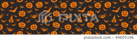 Banner with creepy pumpkins, bats and spiders. Halloween texture. Vector 94605196