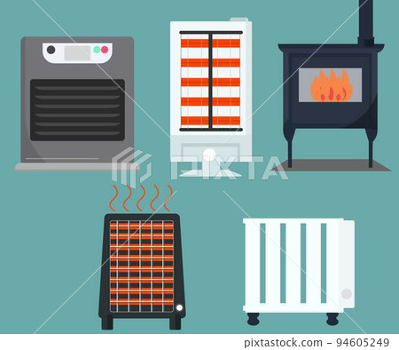 加熱設備圖標集。取暖器、煤油爐、柴火爐、暖風機、電爐。 94605249