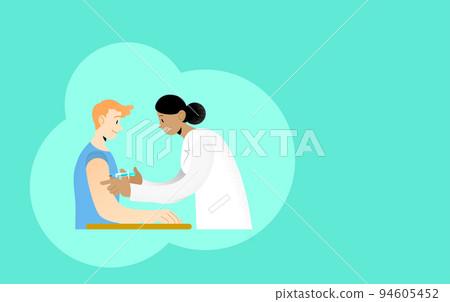 Young woman doctor vaccinating young man patient arm- Vaccine inoculation 94605452