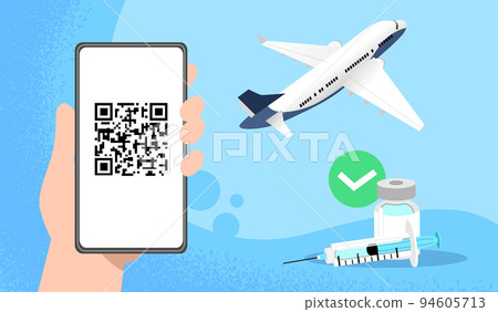 Hand holding smartphone with qr code- airplane and vaccine in background 94605713