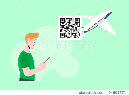 Young man looking at smartphone screen with qr code and airplane on background 94605771