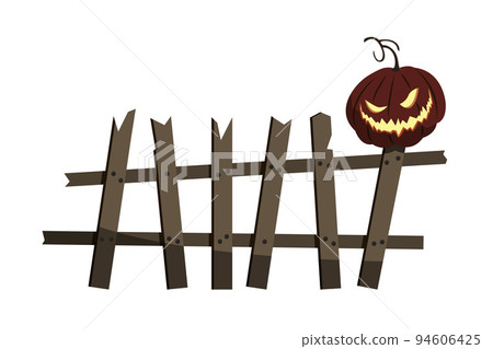 Fence old broken scary with spooky smiling Halloween pumpkin, design element, isolated, white background. Fence old broken scary with spooky smiling Halloween pumpkin, design element, isolated, white background. 94606425