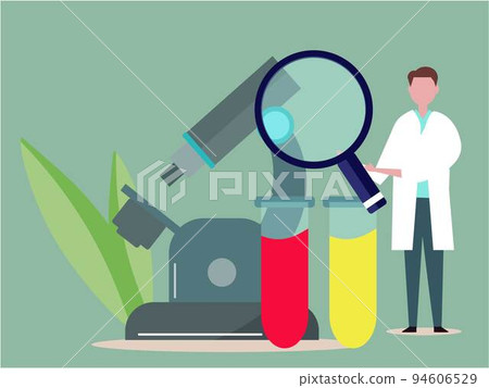 檢查顯微鏡和研究人員的科學的男大學生醫生。插圖 94606529