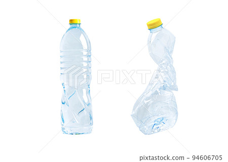 Plastic water bottle with empty crumpled used isolated on white background, reuse, recycle, pollution, environment, ecology, waste concept. Plastic water bottle with empty crumpled used isolated on white background, reuse, recycle, pollution, environment, ecology, waste concept. 94606705