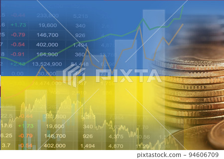 Ukraine flag with stock market finance, economy trend graph digital technology. Ukraine flag with stock market finance, economy trend graph digital technology. 94606709