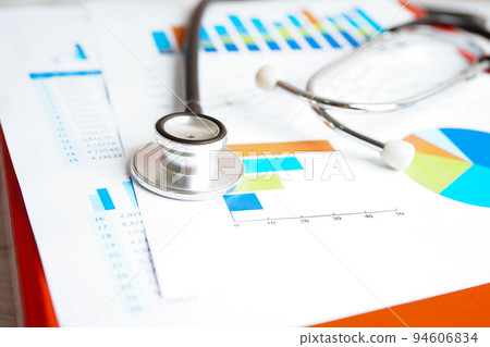 Stethoscope and US dollar banknotes on chart or graph paper, Financial, account, statistics and business data medical health concept. Stethoscope and US dollar banknotes on chart or graph paper, Financial, account, statistics and business data medical health concept. 94606834