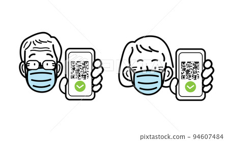 Old man and woman with surgical mask holding sanitary pass on smartphone Old man and woman with surgical mask holding sanitary pass on smartphone 94607484