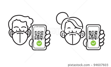 Man and woman with ffp2 kn95 mask holding sanitary pass on smartphone Man and woman with ffp2 kn95 mask holding sanitary pass on smartphone 94607603