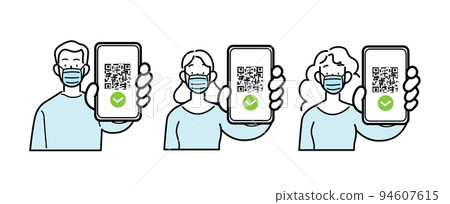 Man and woman wearing surgical masks holding digital sanitary pass Man and woman wearing surgical masks holding digital sanitary pass 94607615