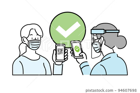 Covid pass checking- Woman wearing surgical mask holding digital pass 94607698