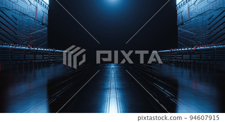 3d rendering sci fi metal corridor on dark background. Abstract technology background. 94607915