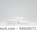 Three white podium line up from low to high. for product advertisement or product presentation. 3D rendering 94608575