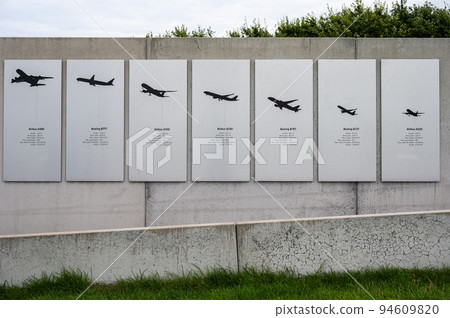Zaventem, Flemish Brabant Region, Belgium,  Sign of common commercial Boeing and Airbus plane types with their features 94609820