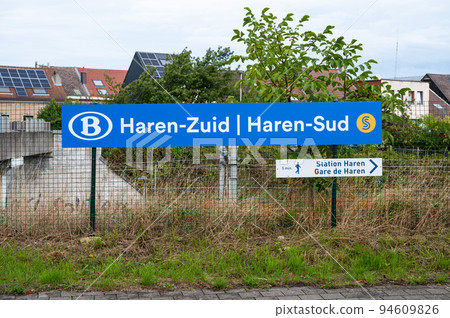 Haren South, Brussels Region, Belgium, Sign at the platform of the local railway station 94609826