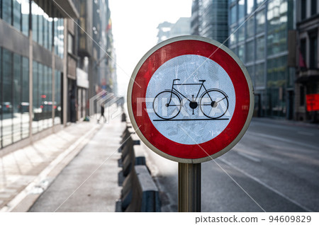 Brussels Old Town, Brussels Capital Region, Belgium,Roadsign forbidden for cyclists at the Rue de la Loi 94609829