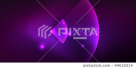 Shiny neon geometric abstract background. Glowing lights on round shapes, triangles and circles. Wallpaper for concept of AI technology, blockchain, communication, 5G, science, business Shiny neon geometric abstract background. Glowing lights on round shapes, triangles and circles. Wallpaper for concept of AI technology, blockchain, communication, 5G, science, business 94610814