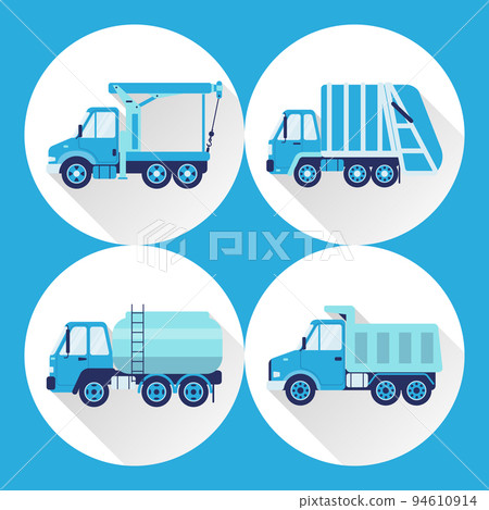 Set of truck icons in flat style with long shadow Set of truck icons in flat style with long shadow 94610914